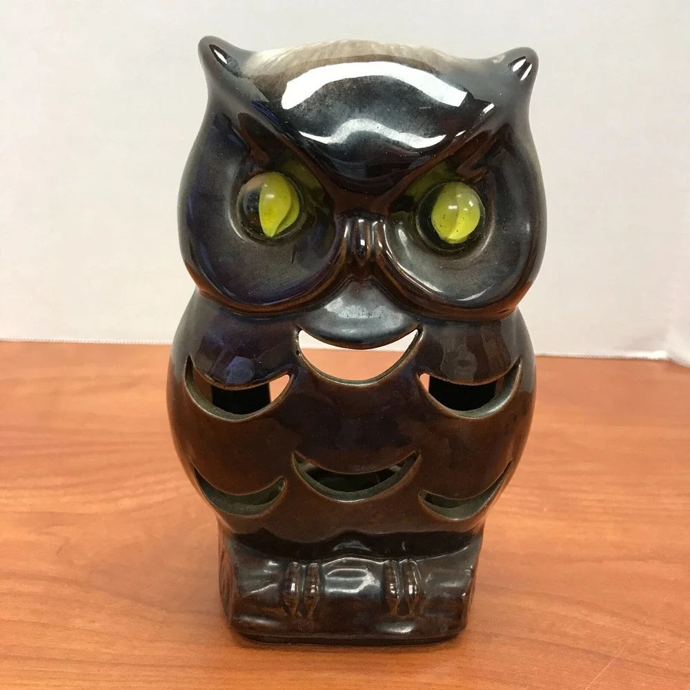 Vintage Owl Tealight Candle Holder‎ w/ marble eyes Inarco Mid Century Japan